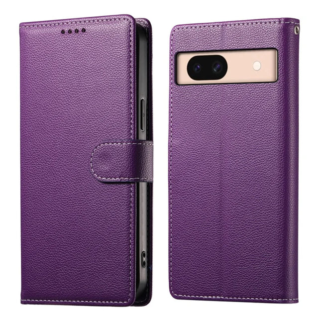 DF-012 For Google Pixel 8a Case Litchi Texture Leather Magnetic Clasp Wallet Stand Phone Cover with Wrist Strap - Purple