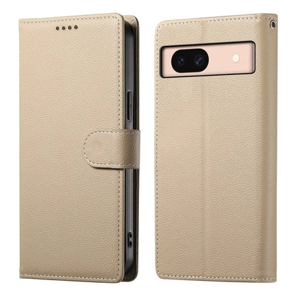 DF-012 For Google Pixel 8a Case Litchi Texture Leather Magnetic Clasp Wallet Stand Phone Cover with Wrist Strap - Apricot