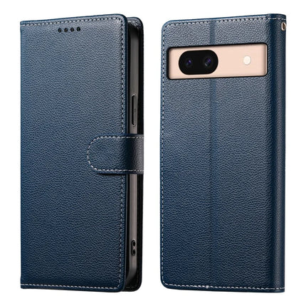 DF-012 For Google Pixel 8a Case Litchi Texture Leather Magnetic Clasp Wallet Stand Phone Cover with Wrist Strap - Dark Blue