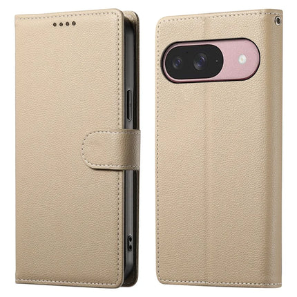 For Google Pixel 9 / Pixel 9 Pro Case Litchi Texture Leather Wallet Phone Cover Magnetic Snap - Apricot
