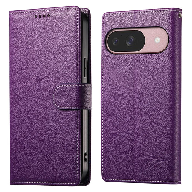 For Google Pixel 9 / Pixel 9 Pro Case Litchi Texture Leather Wallet Phone Cover Magnetic Snap - Purple