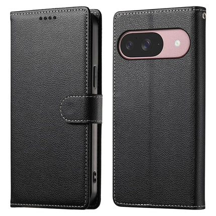 For Google Pixel 9 / Pixel 9 Pro Case Litchi Texture Leather Wallet Phone Cover Magnetic Snap - Black