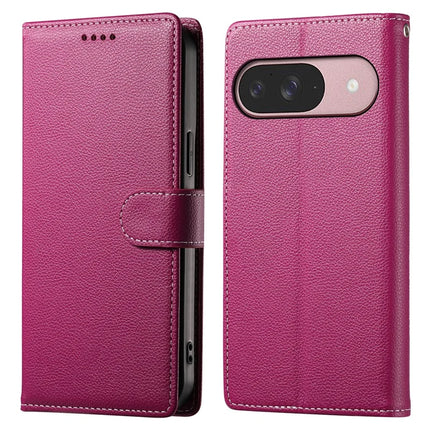 For Google Pixel 9 / Pixel 9 Pro Case Litchi Texture Leather Wallet Phone Cover Magnetic Snap - Rose