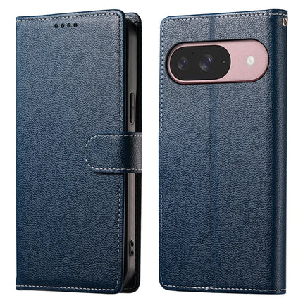 For Google Pixel 9 / Pixel 9 Pro Case Litchi Texture Leather Wallet Phone Cover Magnetic Snap - Dark Blue