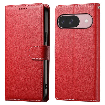 For Google Pixel 9 / Pixel 9 Pro Case Litchi Texture Leather Wallet Phone Cover Magnetic Snap - Red