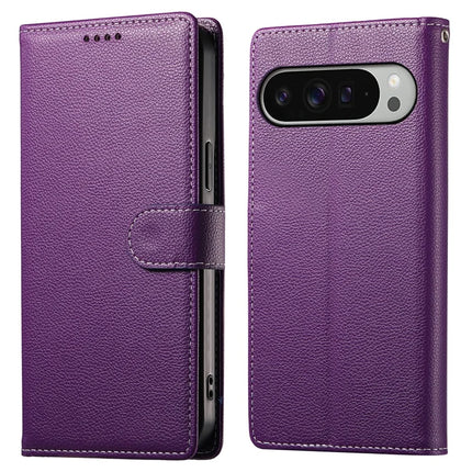 For Google Pixel 9 Pro XL Stand Case Litchi Texture Leather Wallet Phone Cover Magnetic Snap - Purple