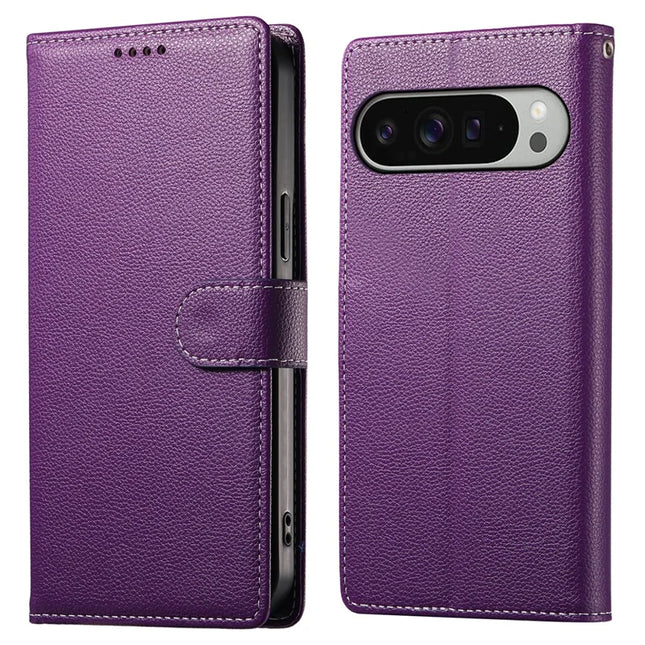 For Google Pixel 9 Pro XL Stand Case Litchi Texture Leather Wallet Phone Cover Magnetic Snap - Purple