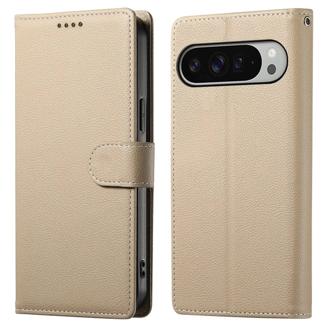 For Google Pixel 9 Pro XL Stand Case Litchi Texture Leather Wallet Phone Cover Magnetic Snap - Apricot