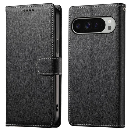 For Google Pixel 9 Pro XL Stand Case Litchi Texture Leather Wallet Phone Cover Magnetic Snap - Black