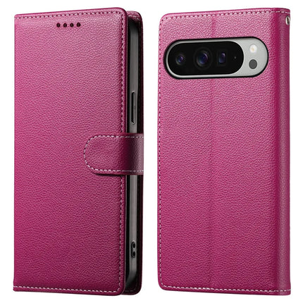 For Google Pixel 9 Pro XL Stand Case Litchi Texture Leather Wallet Phone Cover Magnetic Snap - Rose