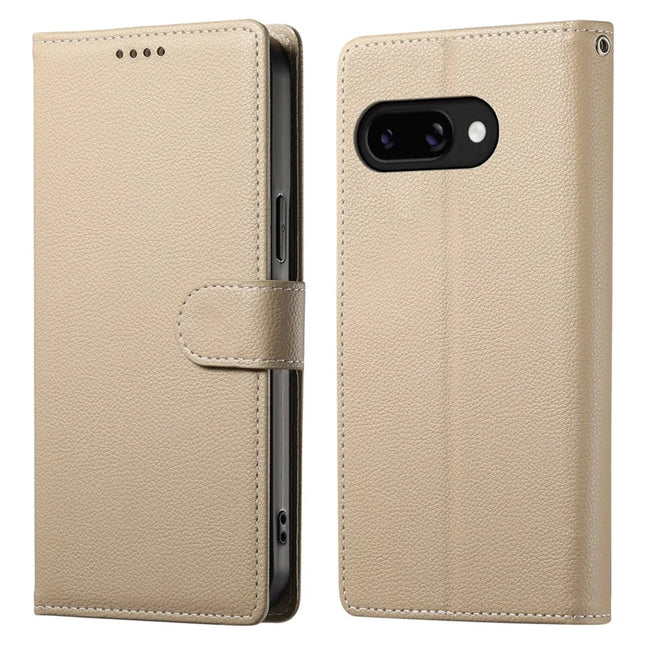 DF-012 For Google Pixel 9a Case Litchi Texture Leather Magnetic Clasp Wallet Stand Phone Cover - Apricot
