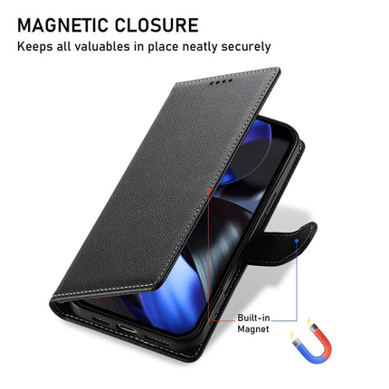 DF-012 For Google Pixel 9a Case Litchi Texture Leather Magnetic Clasp Wallet Stand Phone Cover