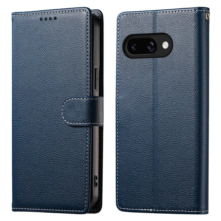 DF-012 For Google Pixel 9a Case Litchi Texture Leather Magnetic Clasp Wallet Stand Phone Cover - Dark Blue