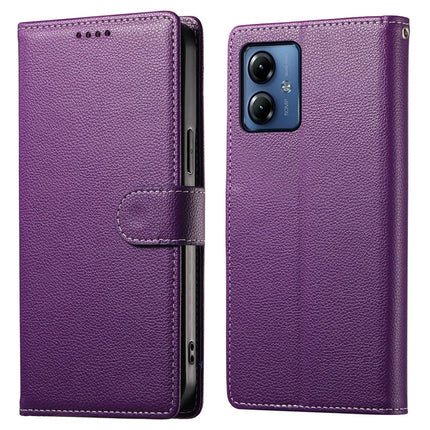 For Motorola Moto G14 4G / G54 5G Case Litchi Texture Leather Wallet Phone Cover Magnetic Snap - Purple