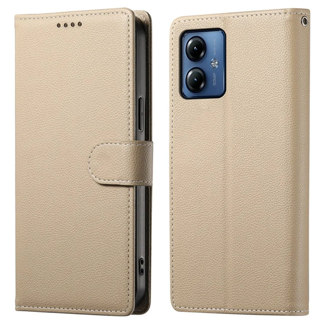 For Motorola Moto G14 4G / G54 5G Case Litchi Texture Leather Wallet Phone Cover Magnetic Snap - Apricot