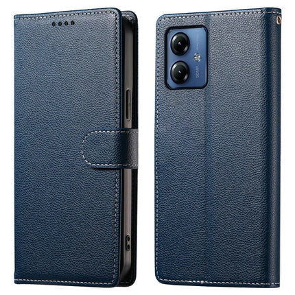 For Motorola Moto G14 4G / G54 5G Case Litchi Texture Leather Wallet Phone Cover Magnetic Snap - Dark Blue