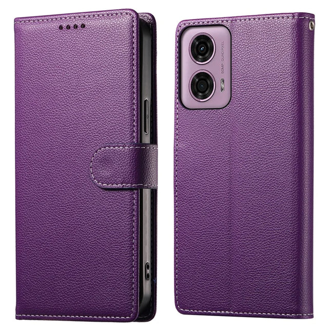 Stand Case for Motorola Moto G24 4G / G04 4G Litchi Texture Leather Wallet Phone Cover Magnetic Snap - Purple
