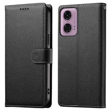Stand Case for Motorola Moto G24 4G / G04 4G Litchi Texture Leather Wallet Phone Cover Magnetic Snap - Black