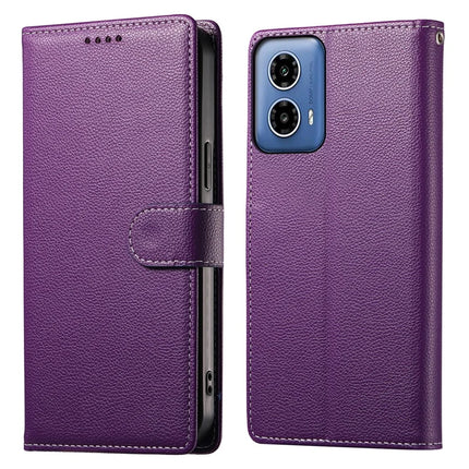 DF-012 For Motorola Moto G45 5G / G34 5G Case Litchi Texture Leather Magnetic Clasp Wallet Stand Phone Cover - Purple