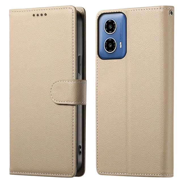 DF-012 For Motorola Moto G45 5G / G34 5G Case Litchi Texture Leather Magnetic Clasp Wallet Stand Phone Cover - Apricot