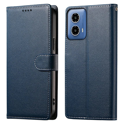 DF-012 For Motorola Moto G45 5G / G34 5G Case Litchi Texture Leather Magnetic Clasp Wallet Stand Phone Cover - Dark Blue