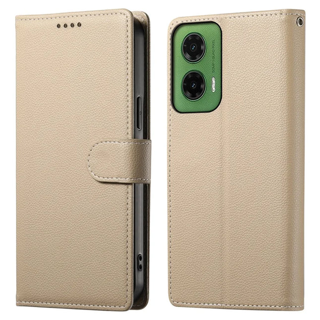 DF-012 For Motorola Moto G35 5G Case Litchi Texture Leather Magnetic Clasp Wallet Stand Phone Cover - Apricot