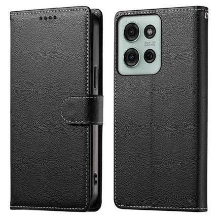 DF-012 For Motorola Moto G75 5G Case Litchi Texture Leather Magnetic Clasp Wallet Stand Phone Cover - Black