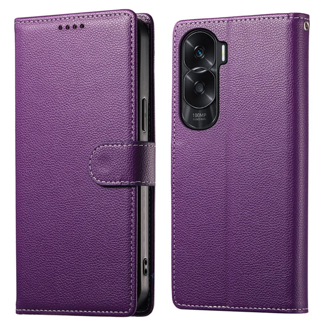 DF-012 For Honor 90 Lite 5G / X50i 5G Case Litchi Texture Leather Magnetic Clasp Wallet Stand Phone Cover - Purple