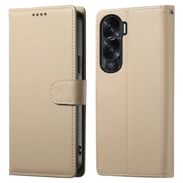 DF-012 For Honor 90 Lite 5G / X50i 5G Case Litchi Texture Leather Magnetic Clasp Wallet Stand Phone Cover - Apricot