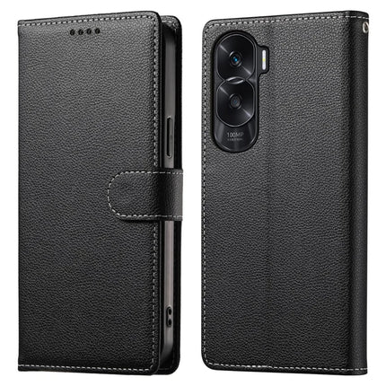 DF-012 For Honor 90 Lite 5G / X50i 5G Case Litchi Texture Leather Magnetic Clasp Wallet Stand Phone Cover - Black