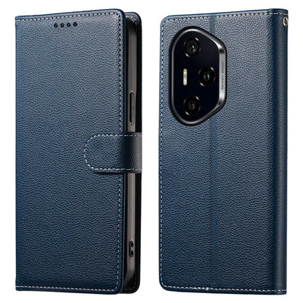 DF-012 For Honor 300 Pro Case Litchi Texture Leather Magnetic Clasp Wallet Stand Phone Cover - Dark Blue