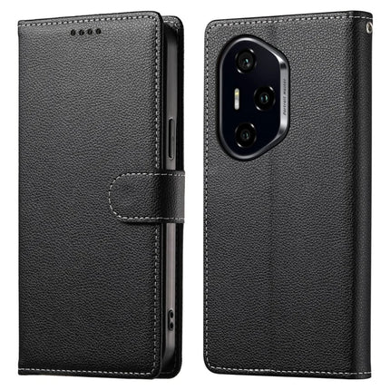 DF-012 For Honor 300 Pro Case Litchi Texture Leather Magnetic Clasp Wallet Stand Phone Cover - Black