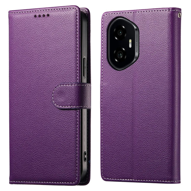 DF-012 For Honor 300 Case Litchi Texture Leather Magnetic Clasp Wallet Stand Phone Cover - Purple