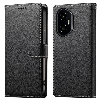 DF-012 For Honor 300 Case Litchi Texture Leather Magnetic Clasp Wallet Stand Phone Cover - Black