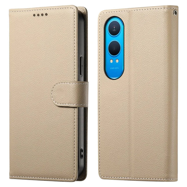 DF-012 For OnePlus Nord CE4 Lite 5G Case Litchi Texture Leather Magnetic Clasp Wallet Stand Phone Cover - Apricot