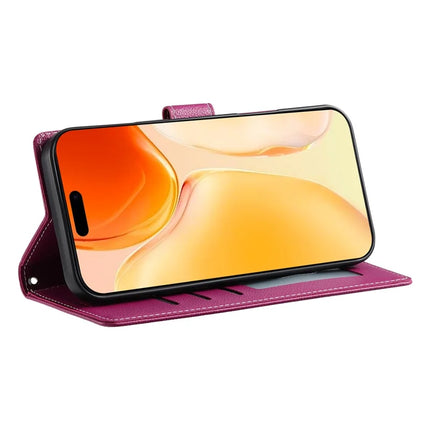 DF-012 For iPhone 16 Case Litchi Texture Leather Magnetic Clasp Wallet Stand Phone Cover