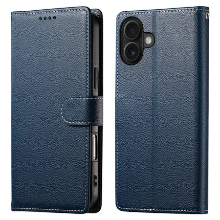 DF-012 For iPhone 16 Case Litchi Texture Leather Magnetic Clasp Wallet Stand Phone Cover - Dark Blue