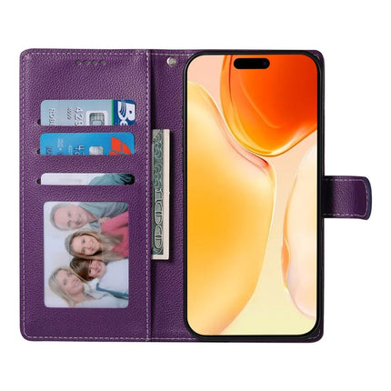 DF-012 For iPhone 16 Plus Case Litchi Texture Leather Wallet Stand Phone Cover