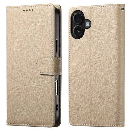 DF-012 For iPhone 16 Plus Case Litchi Texture Leather Wallet Stand Phone Cover - Apricot