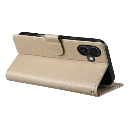 DF-012 For iPhone 16 Plus Case Litchi Texture Leather Wallet Stand Phone Cover
