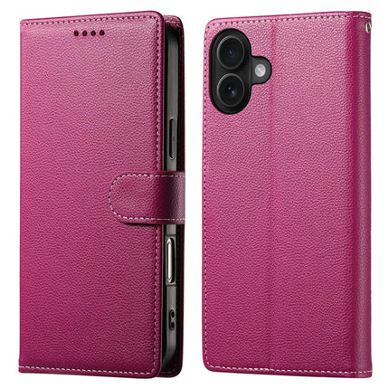 DF-012 For iPhone 16 Plus Case Litchi Texture Leather Wallet Stand Phone Cover - Rose