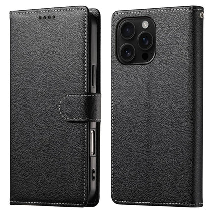 DF-012 For iPhone 16 Pro Case Litchi Texture Leather Wallet Stand Phone Cover - Black