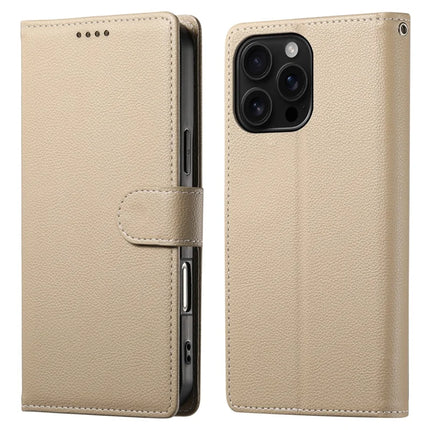 DF-012 For iPhone 16 Pro Case Litchi Texture Leather Wallet Stand Phone Cover - Apricot