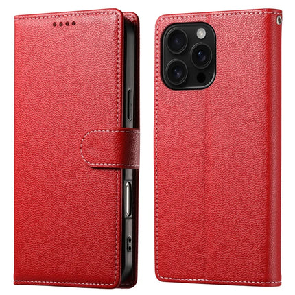 DF-012 For iPhone 16 Pro Case Litchi Texture Leather Wallet Stand Phone Cover - Red