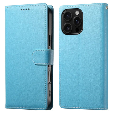 DF-012 For iPhone 16 Pro Case Litchi Texture Leather Wallet Stand Phone Cover - Sky Blue