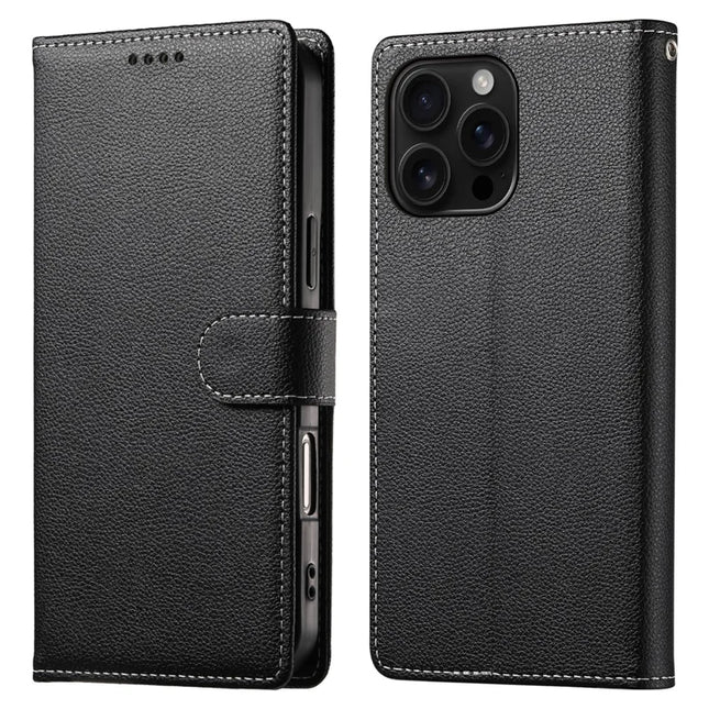 DF-012 For iPhone 16 Pro Max Case Litchi Texture Leather Wallet Stand Phone Cover - Black