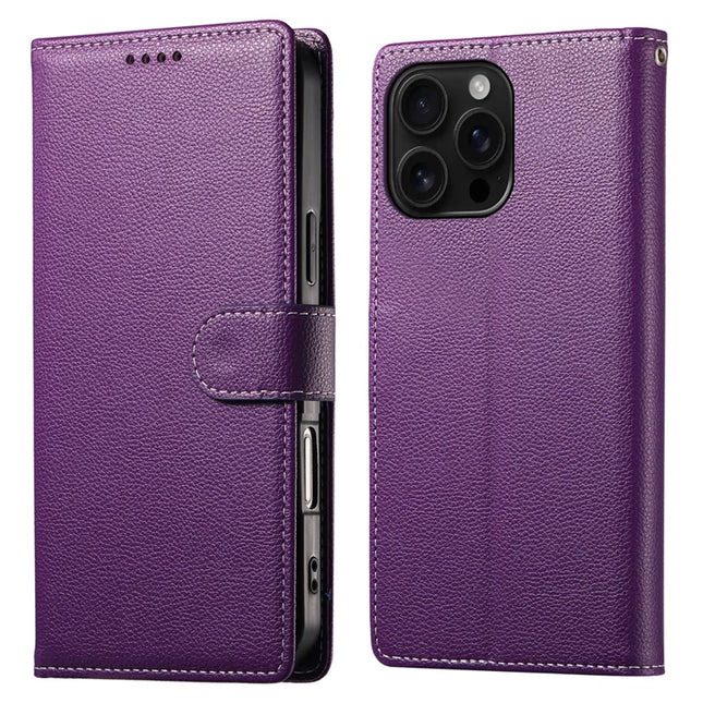 DF-012 For iPhone 16 Pro Max Case Litchi Texture Leather Wallet Stand Phone Cover - Purple