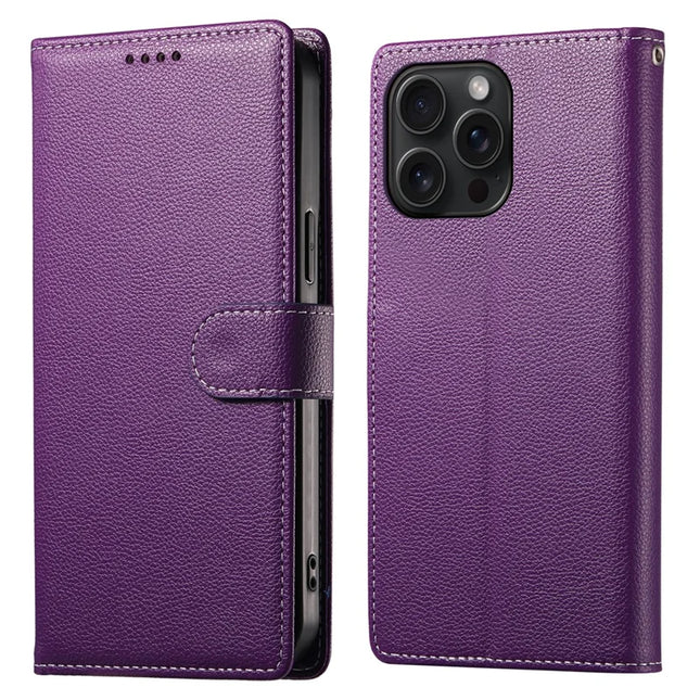 For iPhone 15 Pro Max Stand Case Litchi Texture Leather Wallet Phone Cover Magnetic Snap - Purple