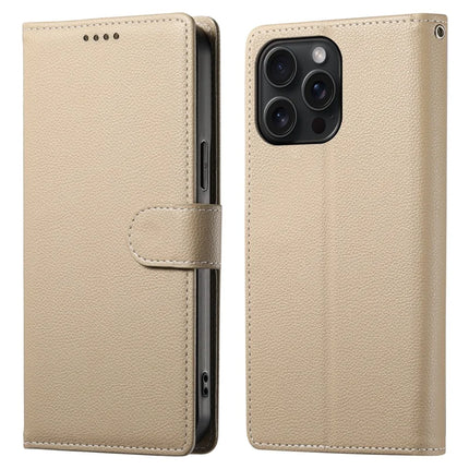 For iPhone 15 Pro Max Stand Case Litchi Texture Leather Wallet Phone Cover Magnetic Snap - Apricot