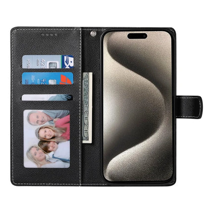 For iPhone 15 Pro Max Stand Case Litchi Texture Leather Wallet Phone Cover Magnetic Snap